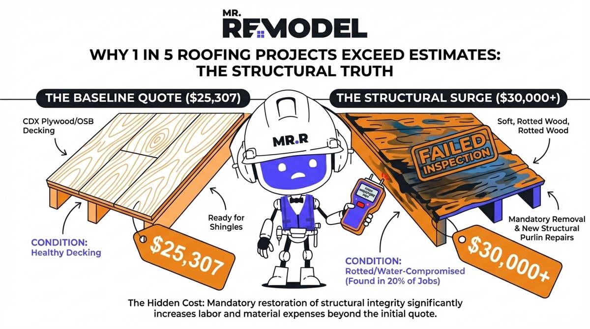 A 2026 roofing cost infographic explaining why 20% of projects exceed $30,000 due to hidden structural decking rot discovered during the tear-off phase.